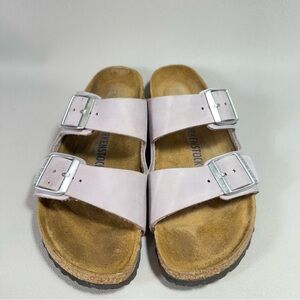 Birkenstock Faded Purple Arizona Leather Two-Strap Sandals with Silver Buckles